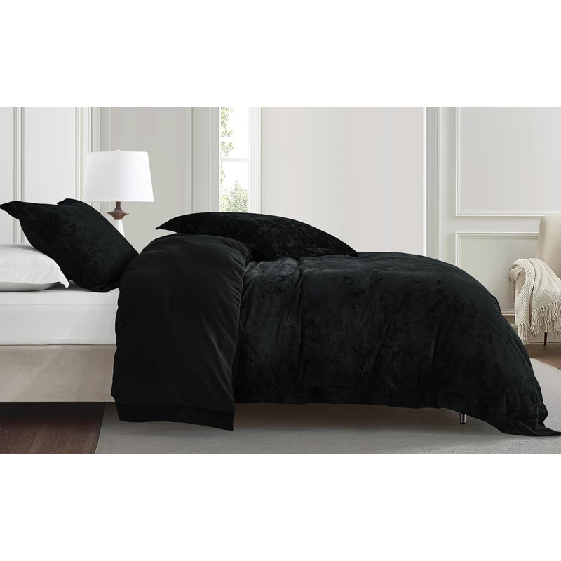 Piers Distressed Velvet Duvet Cover Set, King Duvet Cover + 2 King Shams, Black