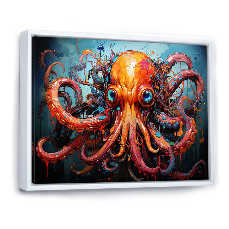 " Octopus Expressionist Abyss " Print, White Floater Framed, 24" H x 32" W