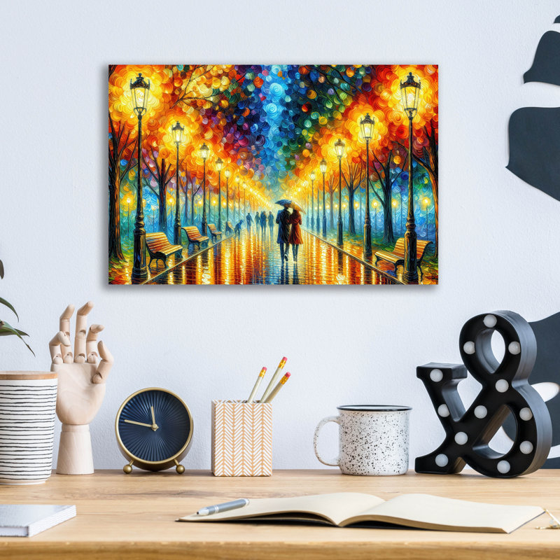 «Walk In The Rainy Park» par Rich Monet, art mural en verre acrylique, H 12 po x l 16 po x P 0,13 po