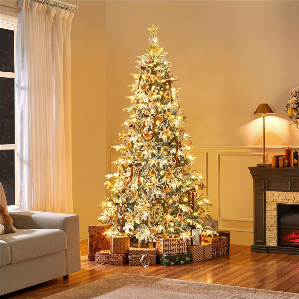 Pre-lit Snow Flocked Christmas Tree with Multicolored LED Lights of 9 Light Modes, 7.5'