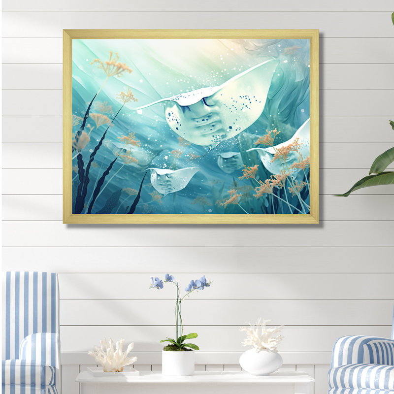 Monochome Manta Rays Dance, reproduction d'art sur toile, Cadre doré simple, H 34 po x l 44 po x P 1,5 po