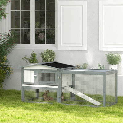 Système de lapins d'extérieur 61,4 po L - 2 cages avec couloir, auge, plateau amovible, rampe, toit en asphalte pour 1 à 2 lapins, blanc 61 po, bois 1 2