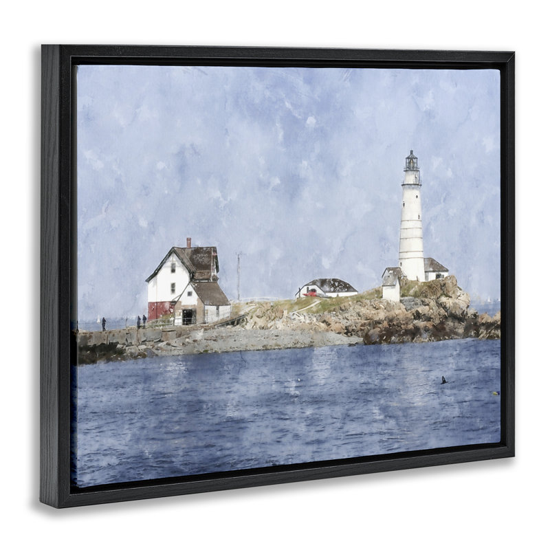 Cadre flottant pittoresque avec îlot de phare, design par Kim Curationa, Cadre flottant noir de jais, H 17 po x l 21 po