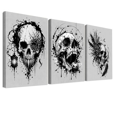 Trois crânes avec éclaboussures d'encre et ensemble de 3 toiles d'Halloween