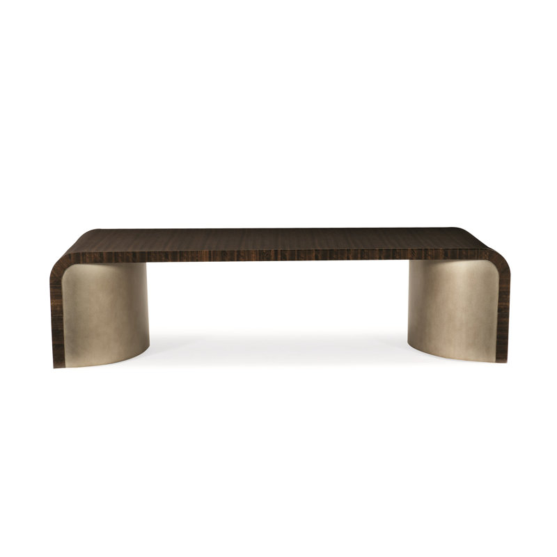 Aged Bourbon Rectangular Wood Cocktail Table with Bronze Pedestals