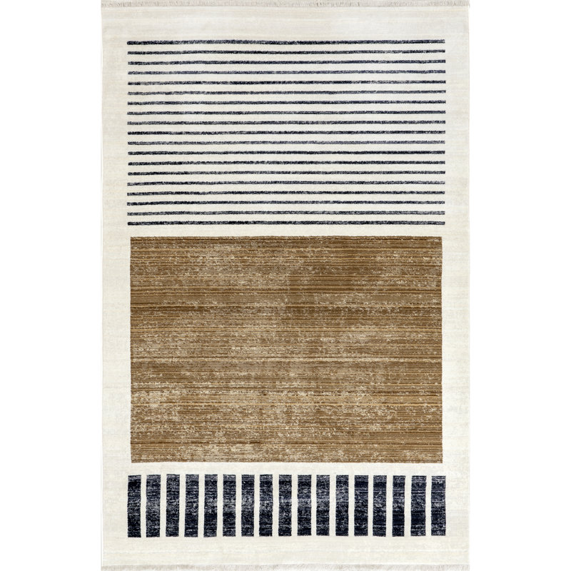 Keeva Modern Striped Fringe Area Rug, Rectangle 3'3" x 5', Beige/Brown