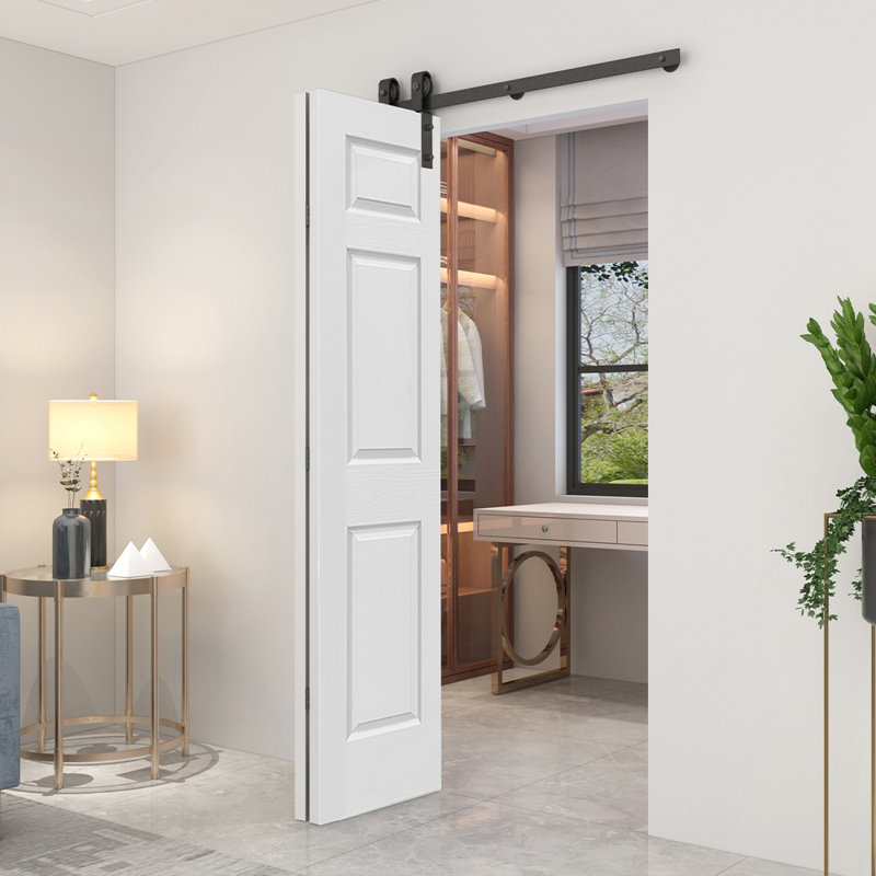 Primed White MDF Composite Bifold Barn Door with Black Hardware, 36" x 80"