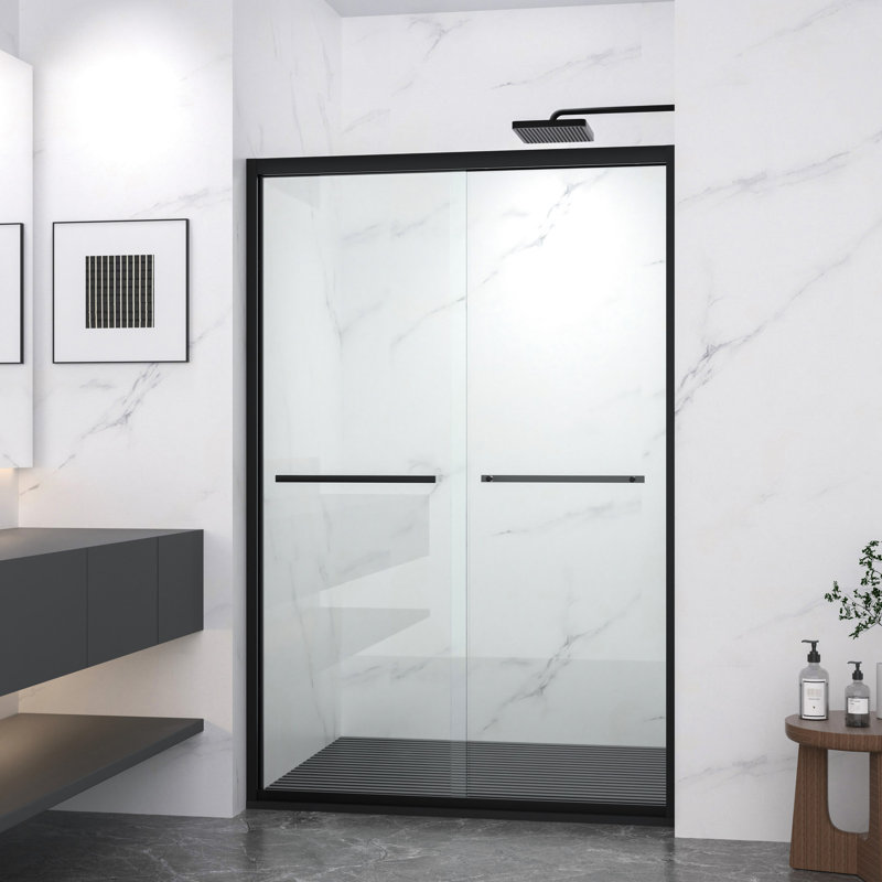 Double Sliding Shower Door With 8mm Clear Tempered Glass, Matte Black Aluminum Frame, Stainless Steel Handle, - Crash Angle, Mute Operation For Bathroom Finish, Protection, Reversible