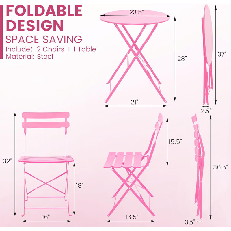 3-Piece Folding Patio Bistro Set – No Assembly, Water-Resistant Metal, Easy Storage, Pink