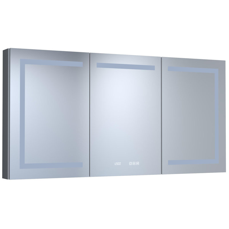 Pharmacie en aluminium encastré / à fixation en surface avec miroir DEL et horloge, H 30 po x l 60 po x P 5,4 po