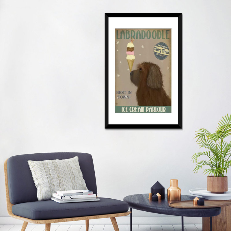 Impression sur toile tendue Fab Funky «Labradoodle Ice Cream», H 32 po x l 24 po x P 1 po, Papier d'art encadré noir, Blanc