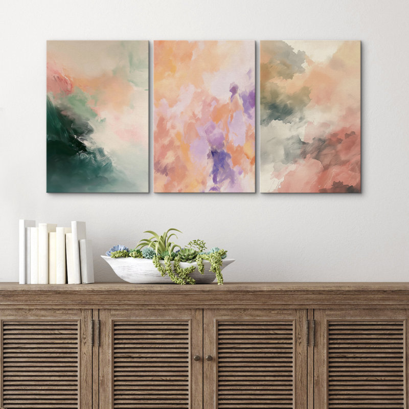 Vert, rose, triptyque, abstrait, moderne, coloré, coups de peinture, Toile tendue, H 36 po x l 72 po