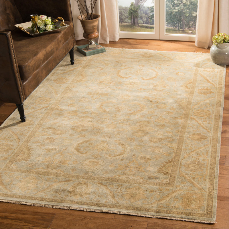 Tapis oriental bleu clair en laine noué à la main Oushak, Rectangle 6 pi x 9 pi