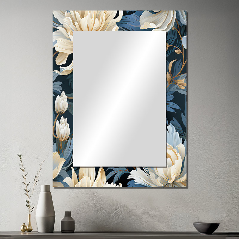 Bendina, blanc et bleu, chèvre de Chine, tranquillité zen - miroir floral, miroir mural floral unique, impression d'art en métal