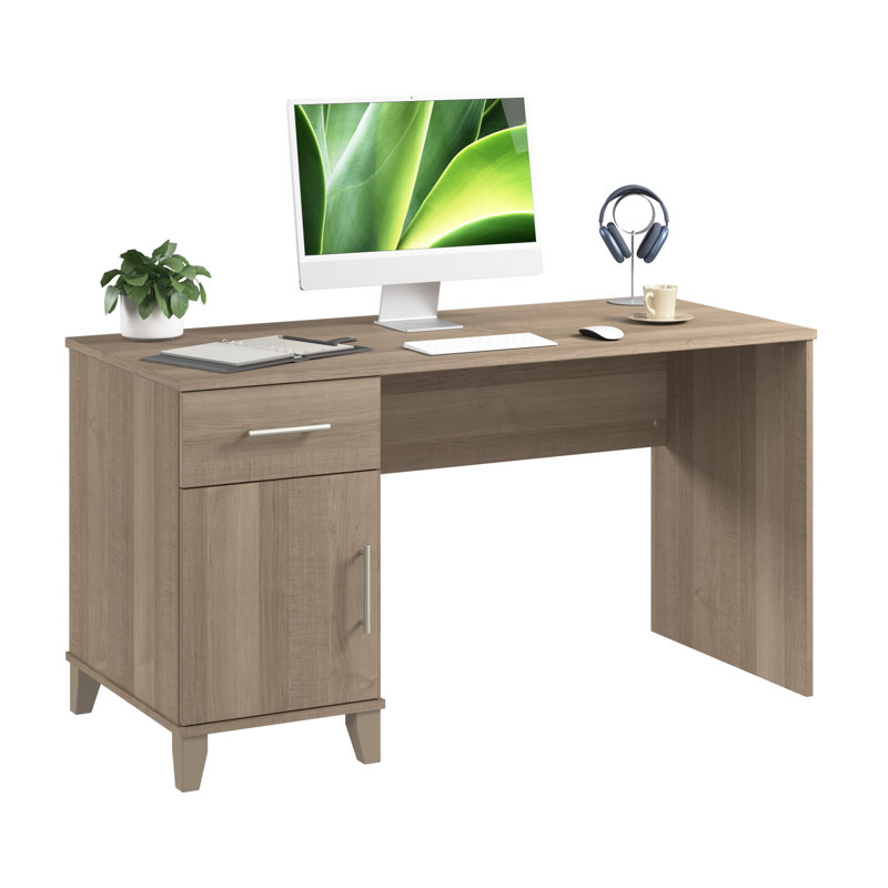 Orkurga 54” Office Desk with Drawer and Cabinet, Computer Office Desk with Storage, Modern Wood, Ash Gray, Ash Gray