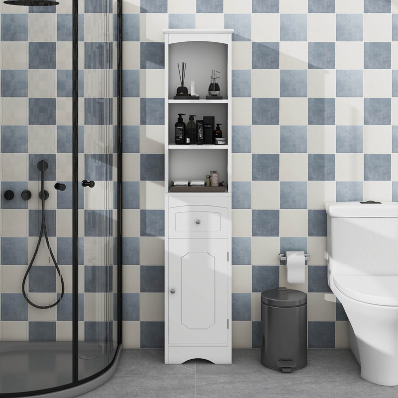 Armoire de salle de bain haute avec tablette réglable, armoire de rangement autoportante avec tiroir et porte, Blanc