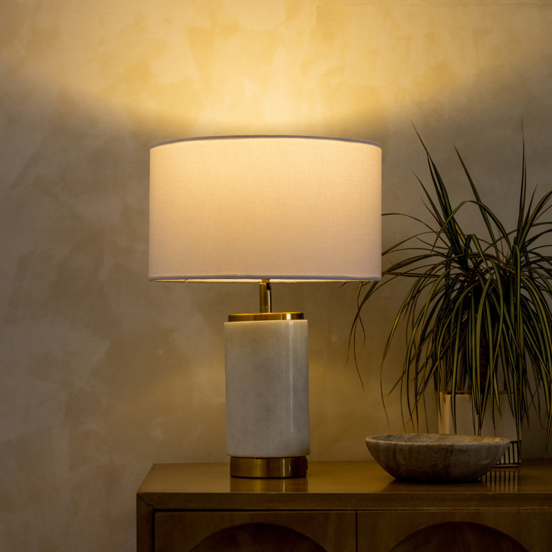 Arden 17 in. Mid-Century Modern LED Table Lamp with Fabric Drum Shade and USB Port