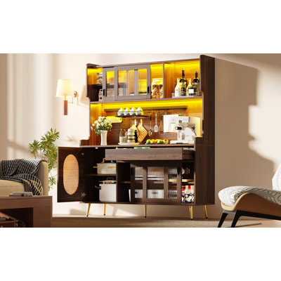 Brown/Black Kitchen Sideboard with 5 Doors & LED Lights, Fluted Glass & Pegboard Design, Storage Cabinet, Buffet for Kitchen/Living Room