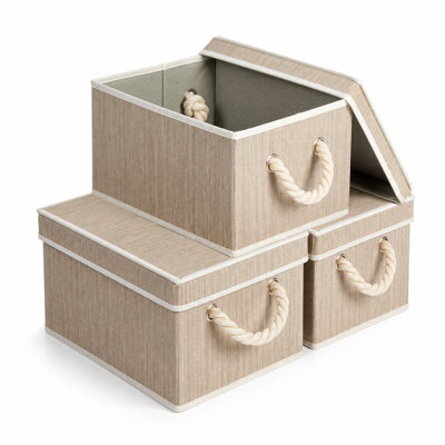 Boîtes de rangement pliables en tissu avec couvercles, empilables et munies de poignées, pour placard ou étagères, gain de place pour la chambre - Lot de 3 - Brun clair - 30 x 23 x 17 cm