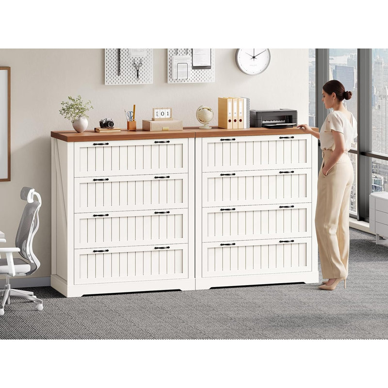 Classeur à 4 tiroirs Farmhouse, classeur en bois pour bureau à domicile, pour format lettre / légal / A4, blanc et brun