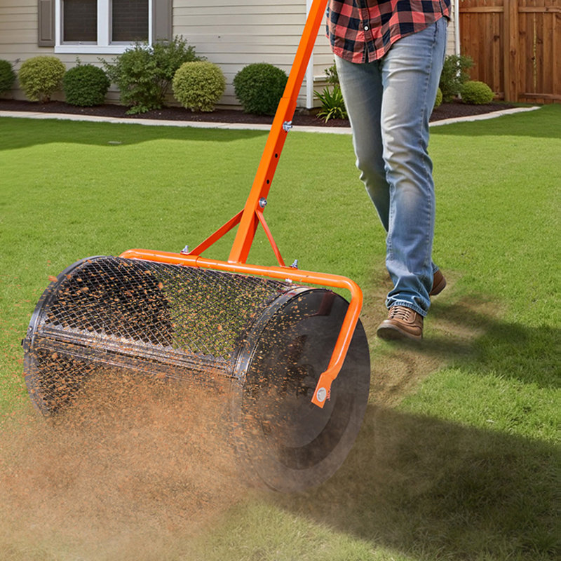 Compost Spreader 24 in Peat Moss Spreader with T-Shaped Handle for Yard, Black/Orange