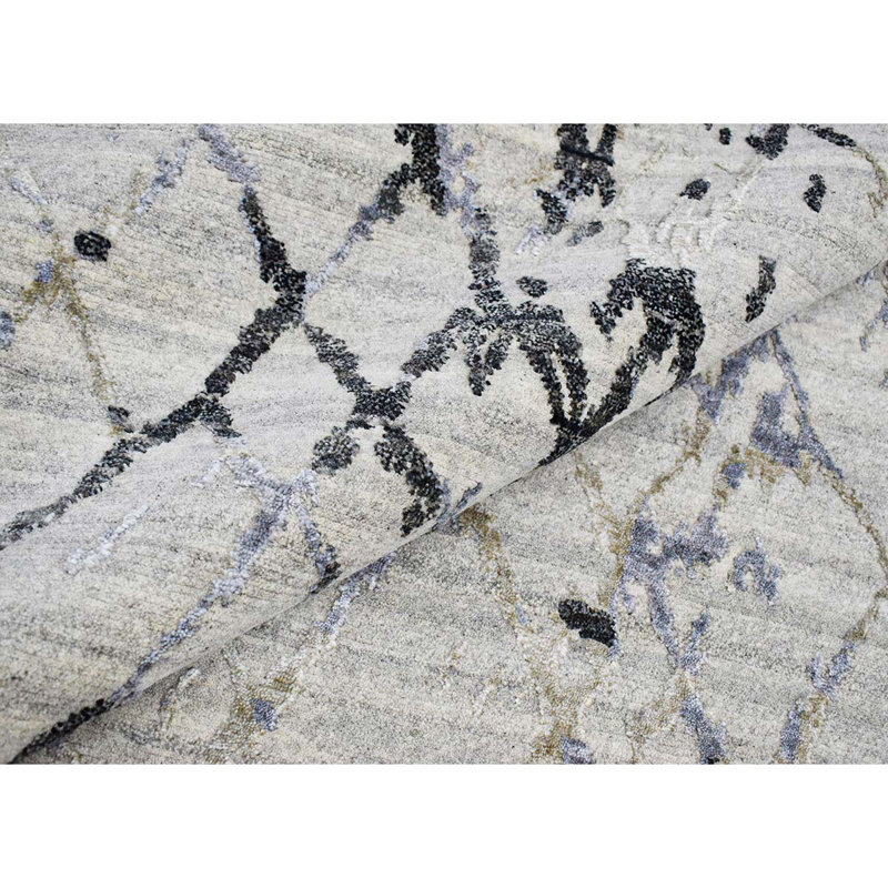 Tapis gris clair / noir / argent noué à la main de haute qualité, Rectangle de 10 pi x 14 pi