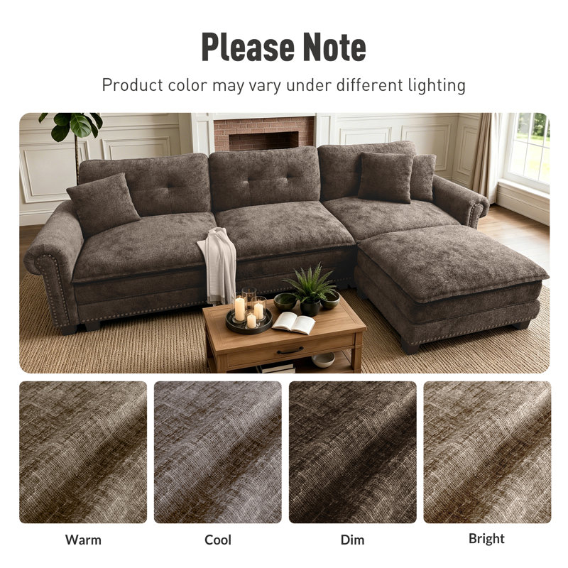 158" Modular Sectional Sofa with Ottoman, Oversized L-Shaped Deep Seat Couch in Chenille or Linen-Look with Nailhead Trim