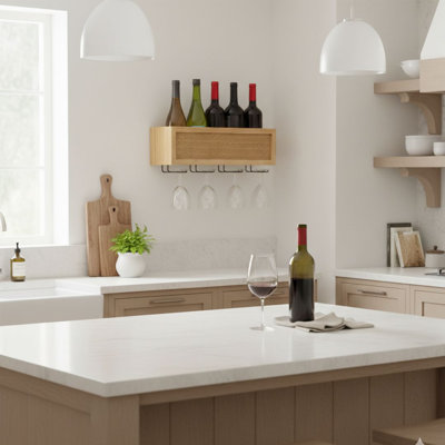 Support à vin en bois et rotin pour 5 bouteilles avec rangement pour verres à vin