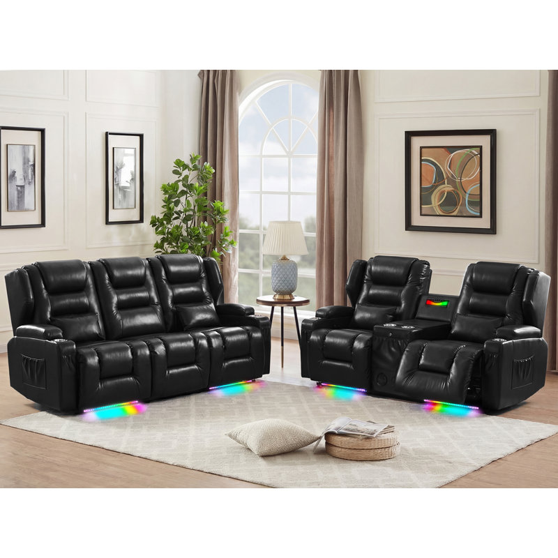 Ensemble de canapé inclinable en cuir 2 pièces avec porte-gobelet de rangement et station de charge, Black