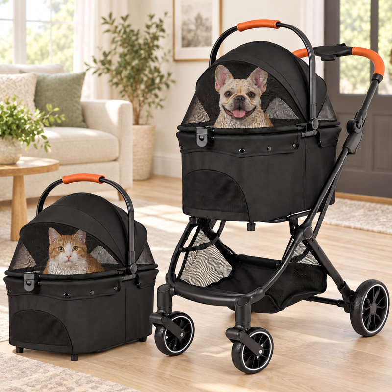 Poussette pour animaux, panier de transport pour chat, poussette pour chien, poussette pour chat, petits chiens et chats, poussette pour chien pliable en un clic avec panier amovible, roues tout-terrain amortissantes, filet respirant, capote réglable