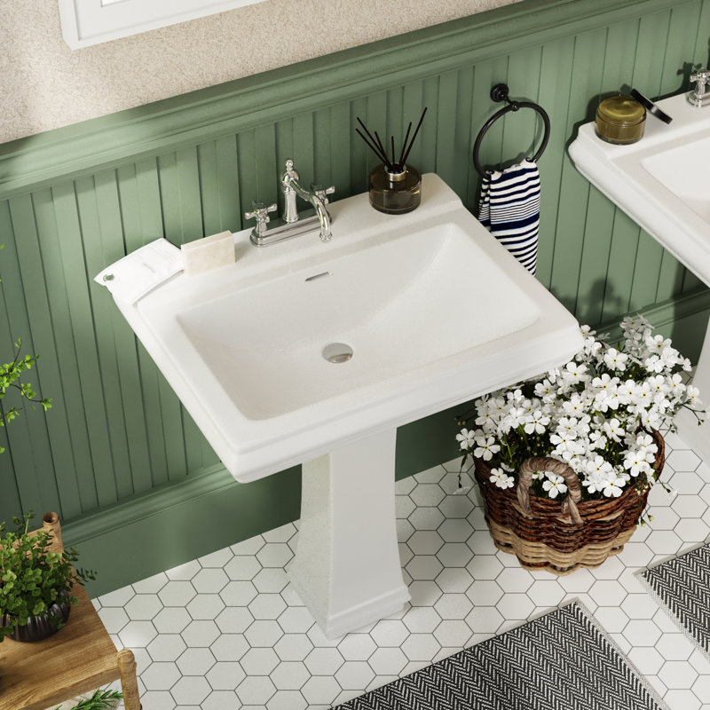 Apex 34" Tall Rectangular Vitreous China Pedestal Bathroom Sink with Overflow, Centerset Faucet, White