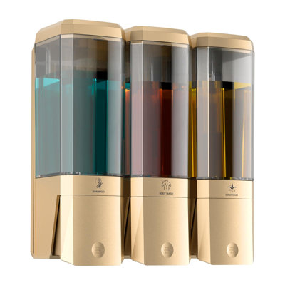 Distributeur de shampooing et revitalisant, distributeur de douche 3 chambres sans perceuse, distributeur de shampooing pour douche, distributeur de savon de douche mural pour salle de bain, grande capacité 3 * 500 ML, or