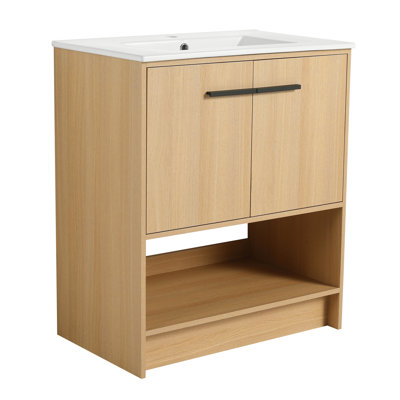 Armoire de salle de bain autoportante de 30 po avec lavabo en céramique. Structure en contreplaqué, 2 portes. Caractéristique attrayante. Assemblage facile. Lavabo de meuble-lavabo en chêne. Matériau, conception avant-gardiste. Installation.
