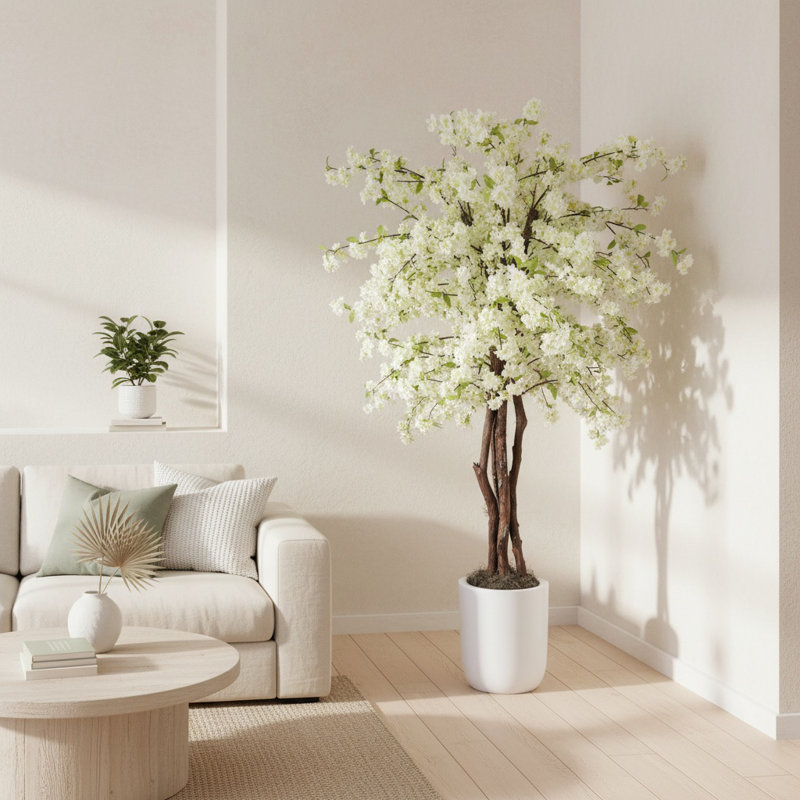 Faux Cherry Blossom Tree Plant in Fiberstone, White