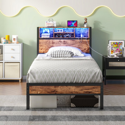 Twin Size Metal Platform Bed Frame With Storage Headboard, Charging Function, Led, Quiet Design, Under Headboard And Charging, Structure, Noise-, Smart Lights, Space For