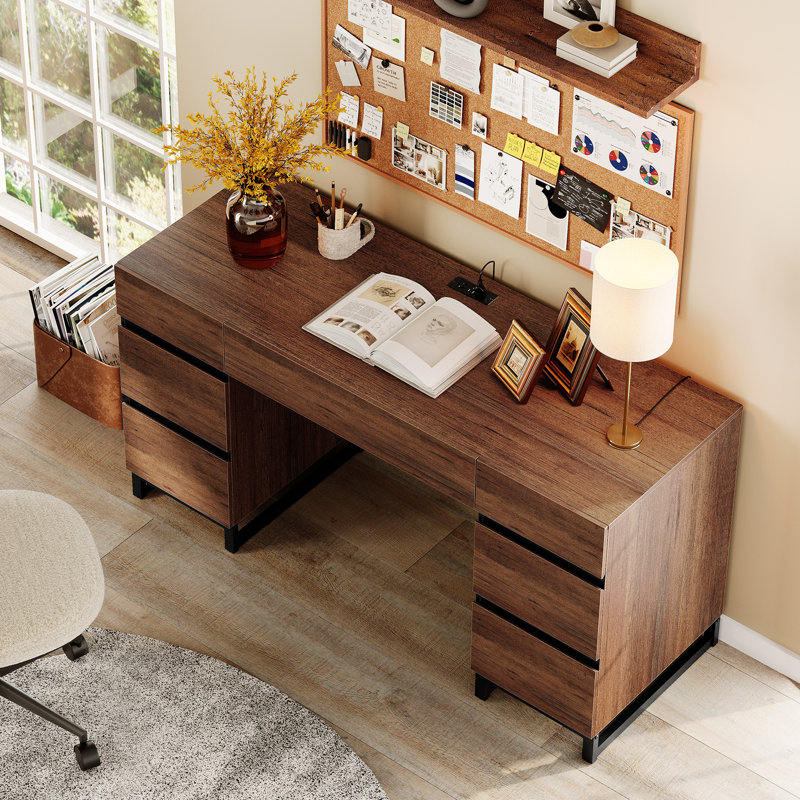 59" Modern Desk With Charging Station - Wood Computer Desk For Home Office, Bedroom, Or Living Room - 3 Drawers & File Storage - Sleek Executive Writing Table