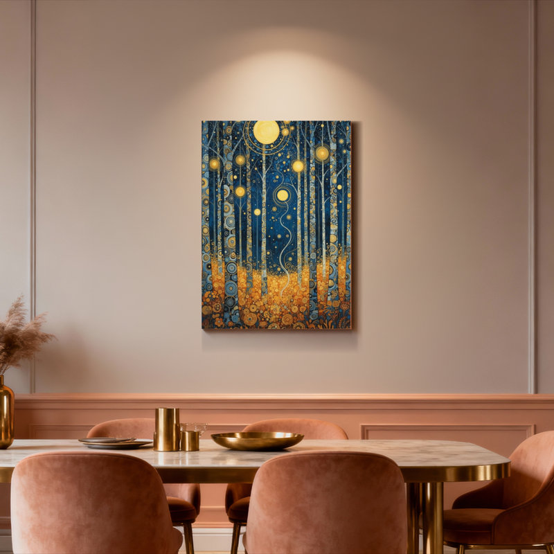 Ensemble de 1 tableau sur toile tendue représentant des arbres de la forêt dorée et la lune, H 36 po x l 24 po