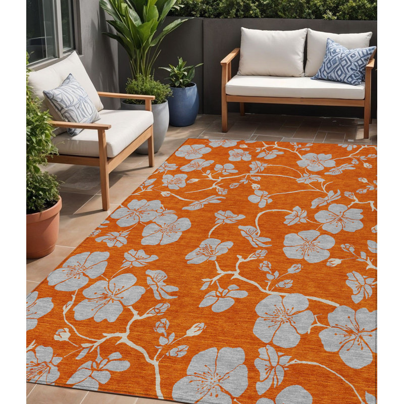 Tapis extérieur lavable floral orange et gris 5 pi x 8 pi