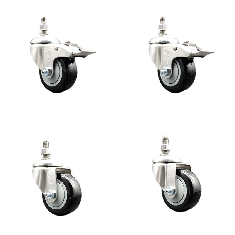 3.5 Inch_316SS_Polyurethane ½ Inch Threaded Stem Caster Set 2 Lock Brake