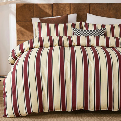 Red and Cream Striped Duvet Cover Set Queen Size, 100% Cotton Bedding Set with Zipper Closure & 8 Corner Ties, Awning Stripe Bedding, Soft Breathable Comforter Cover for All Seasons