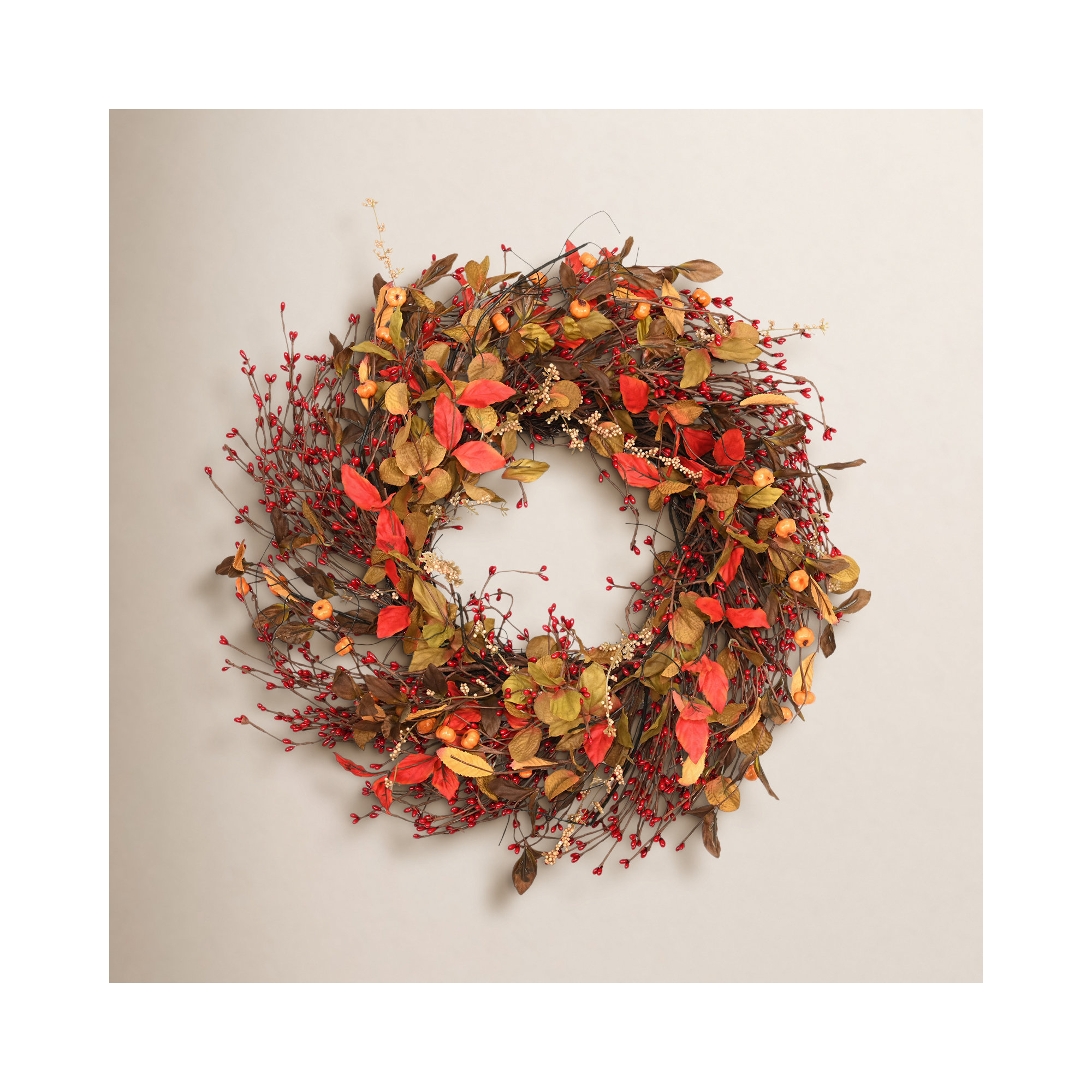 22" Artificial Farmhouse Twig Fall Harvest Blossoms Cluster Berry Front Door Wreath For Thanksgiving Day