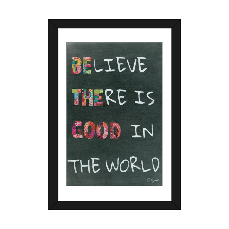 «Believe Saying», art textuel sur toile tendue, H 24 po x l 16 po x P 1 po, Papier beaux-arts encadré noir, Blanc