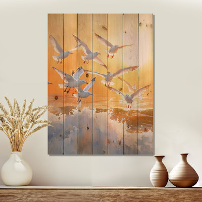 Seagulls At Sunrise III - Bird Wood Print - On Natural Pine Wood