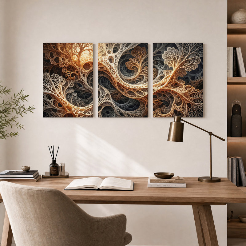 Ensemble de 3 toiles murales abstraites aux motifs fractals dorés et gris, 24"H x 16"W x 3pcs