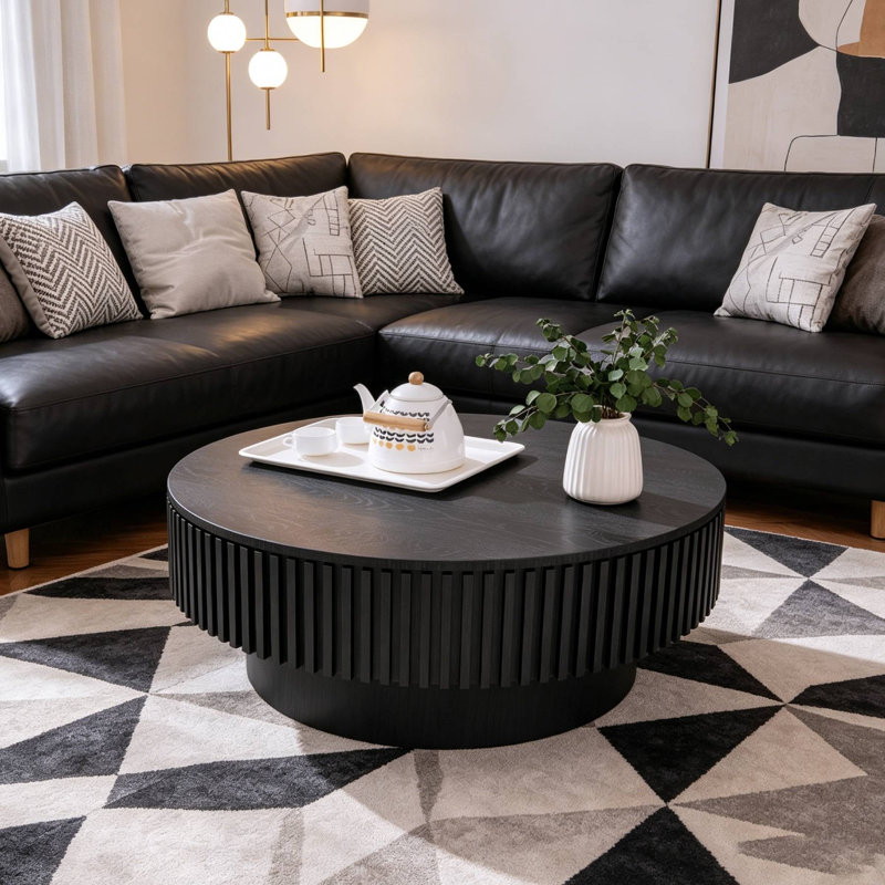 Table basse ronde en MDF avec rangement, Noir, H 14 po x L 31,5 po x l 31,5 po
