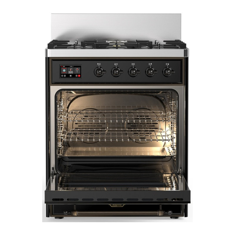 Majestic III Series 30 Inch Dual Fuel Range with 5 Sealed Burners in Glossy Black (Liquid Propane, Burnished Trim), Burnished