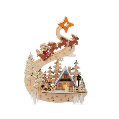 Kurt Adler 11.8-Inch Battery-Operated Light Up Wooden Christmas Village with Santa and Sleigh