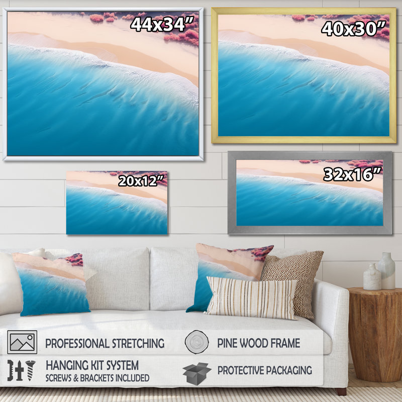Vagues tropicales vue aérienne II - plage et océan, art mural, Cadre d'angle fermé noir, H 34 po x l 44 po x P 1,5 po