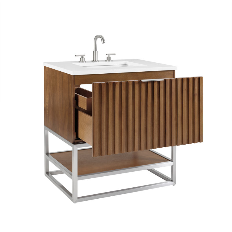 Terra 30'' Single Bathroom Vanity with Top, Walnut, White Quartz/Single Faucet Mount, Satin Brass