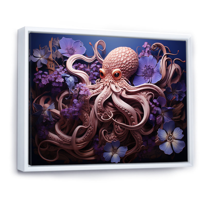 Mauve oasis de pieuvre II - art mural animaux côtiers, Cadre flottant blanc, H 34 po x l 44 po x P 1,5 po